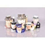 A group of six ceramic Winston Churchill Character jugs, including a handmade Fielding's Ware