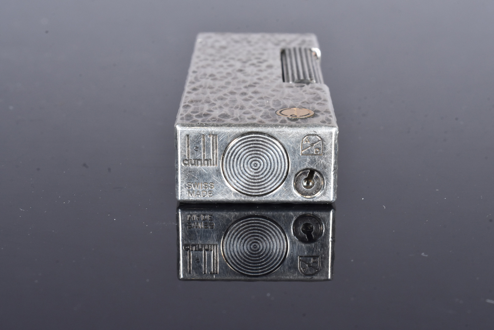 Two Dunhill Rollagas white metal pocket lighters, one with brushed design, the other with a hand - Image 3 of 4