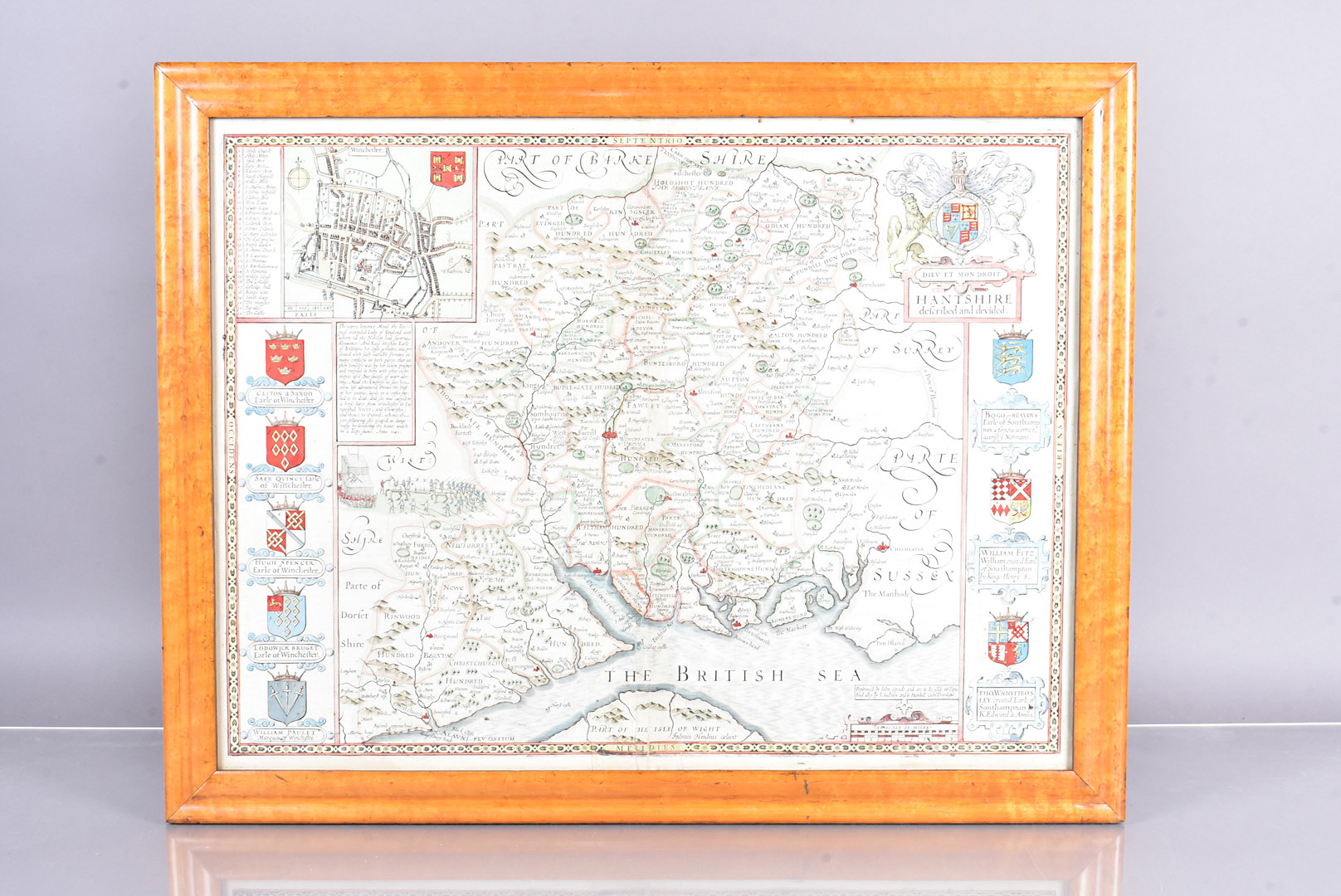 John Speede, Map of Hampshire, engraved by Jodocus Hondius, later hand coloured, with Hampshire