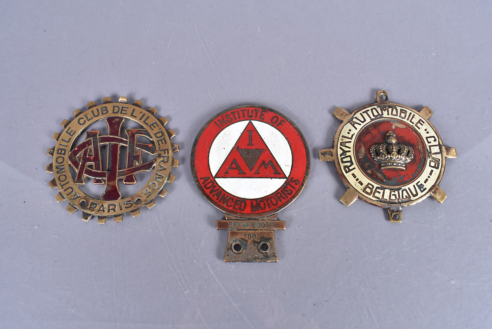 Three British and Overseas Car badges, including a British Institute of Advanced Motorists for Bryan