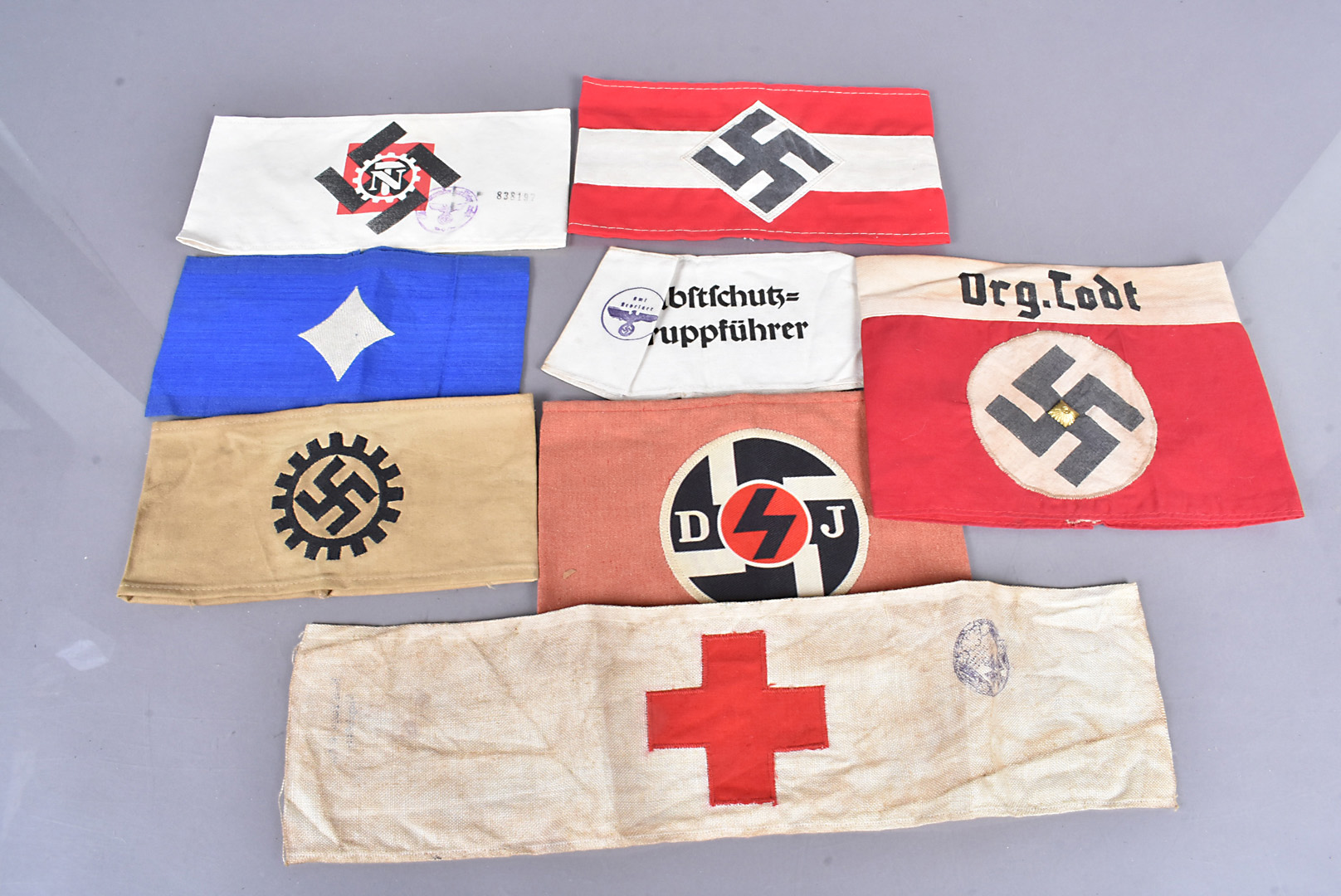 An assortment of German Armbands, to include Org Todt, German Red Cross, Hitler Youth DJ