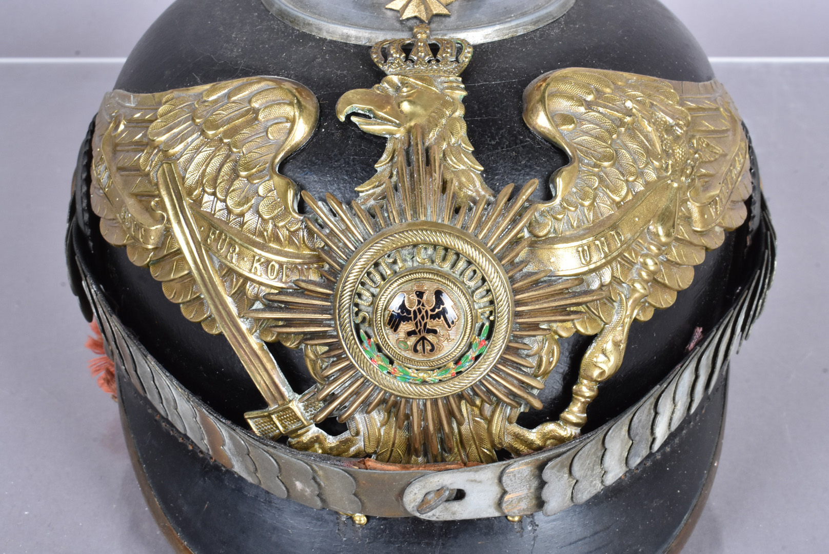 A Prussian Garde Officer's Private Purchase Pickelhaube, with brass ball top, with four star rivets, - Image 4 of 7