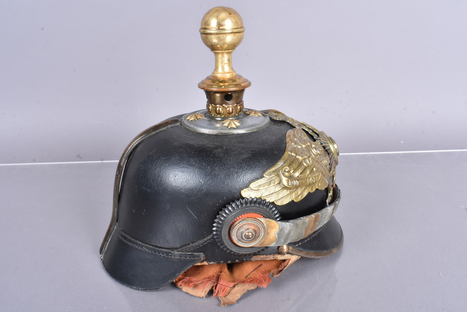 A Prussian Garde Officer's Private Purchase Pickelhaube, with brass ball top, with four star rivets, - Image 3 of 7