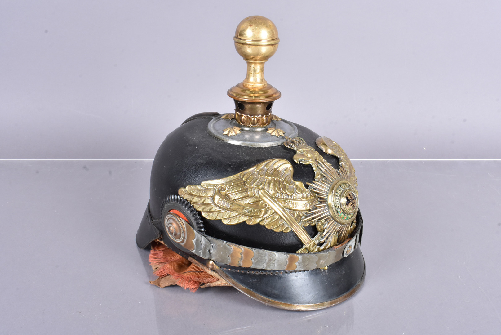 A Prussian Garde Officer's Private Purchase Pickelhaube, with brass ball top, with four star rivets, - Image 2 of 7