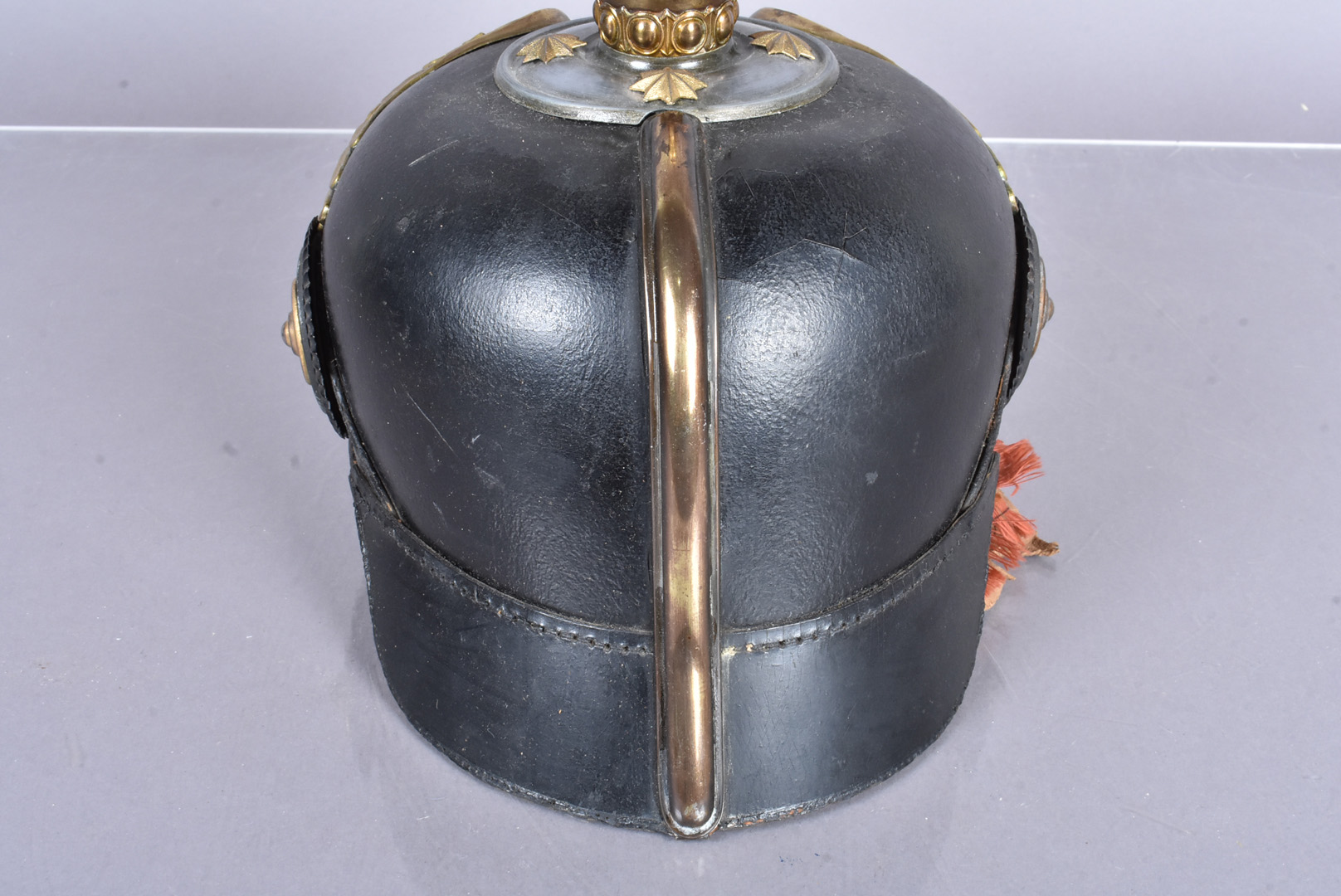 A Prussian Garde Officer's Private Purchase Pickelhaube, with brass ball top, with four star rivets, - Image 6 of 7
