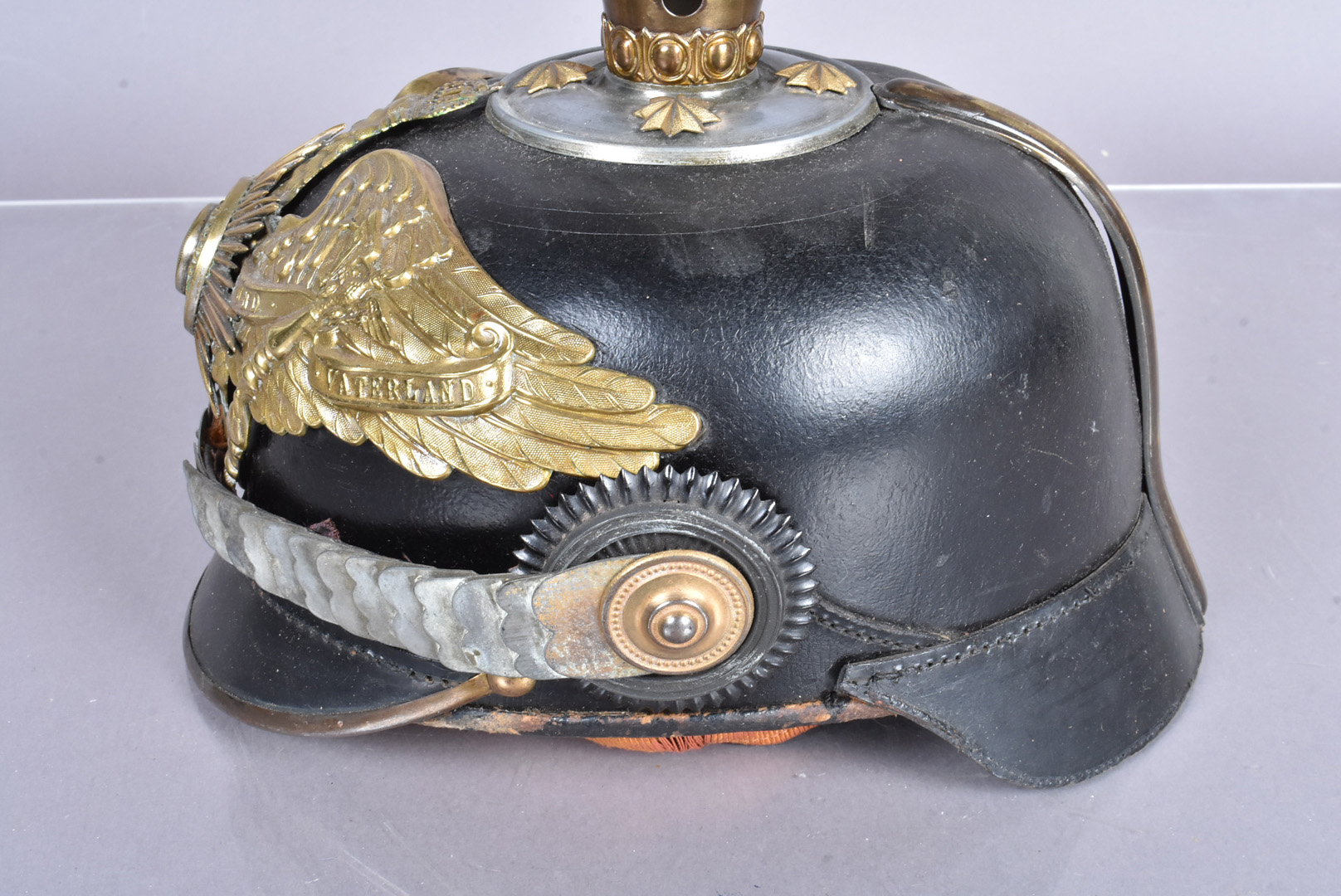 A Prussian Garde Officer's Private Purchase Pickelhaube, with brass ball top, with four star rivets, - Image 5 of 7