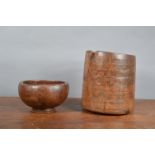 A 19th century burr maple treen footed bowl, 19cm diameter, together with a treen storage jar,