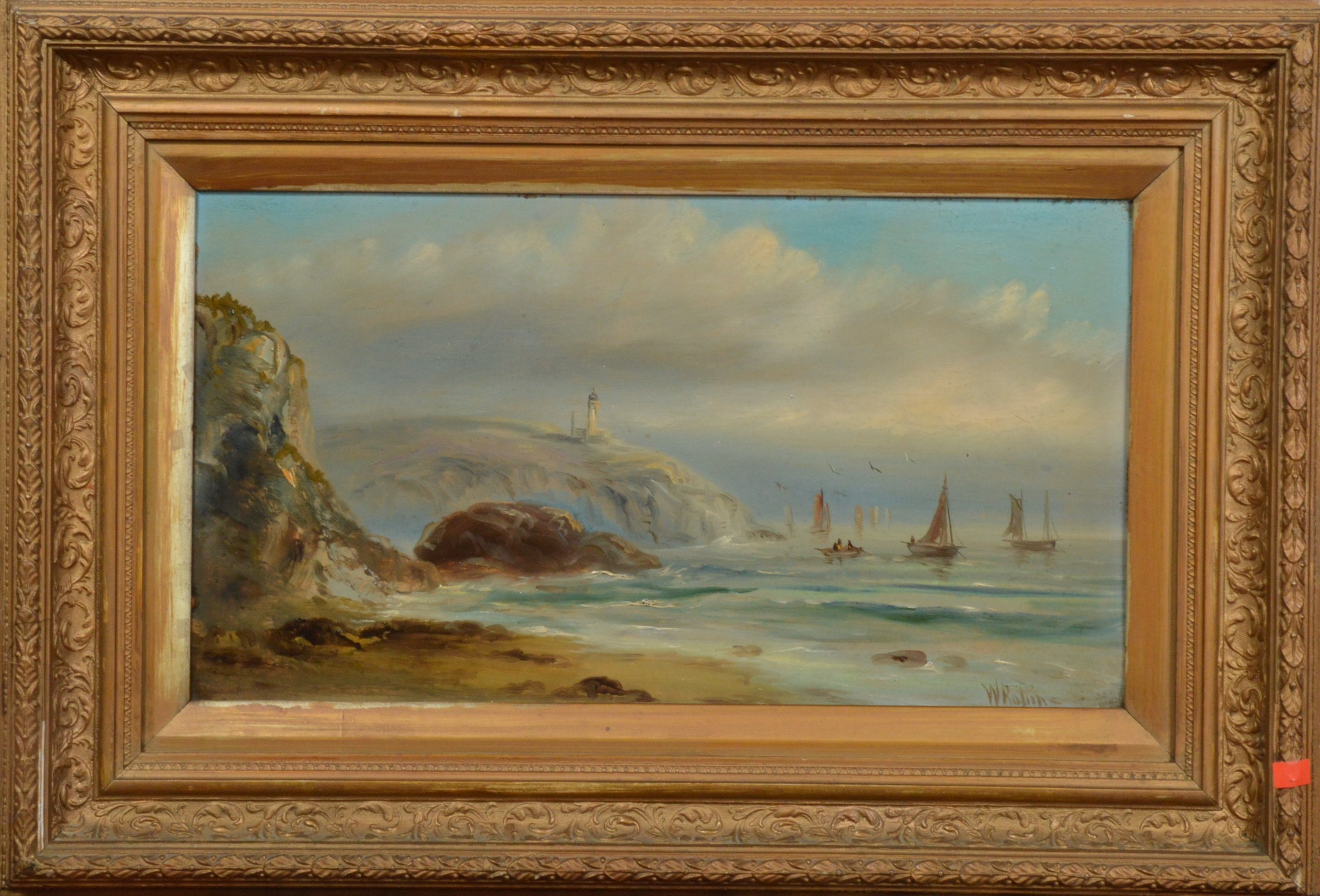Oil on canvas, a coastal scene, signed W. Robins to the bottom right, in a gilt frame, frame size