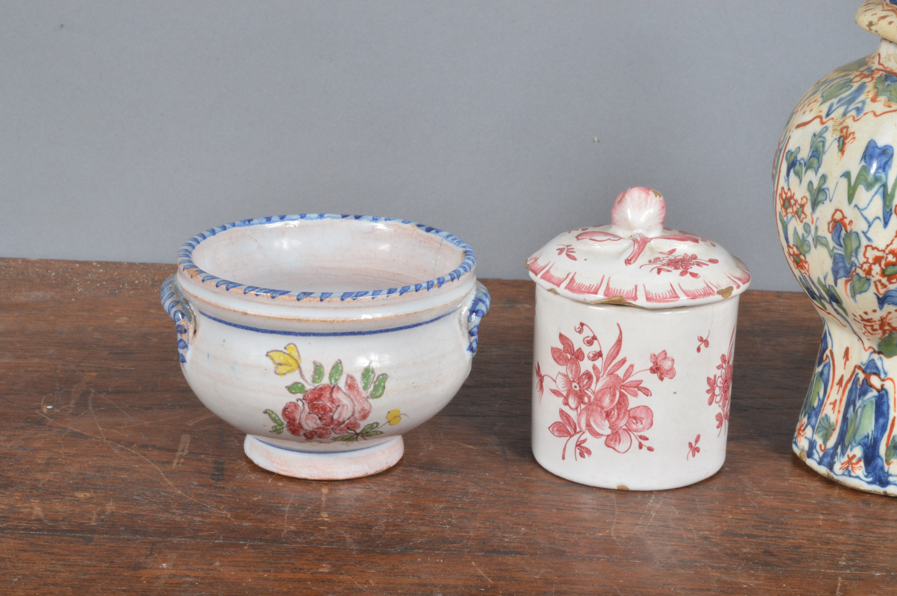 A small group of 19th century French faience, to include a covered pot, a vase and cover, a - Image 2 of 3