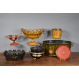 A collection of 19th century and later tole peinte items, including a large twin handled planter