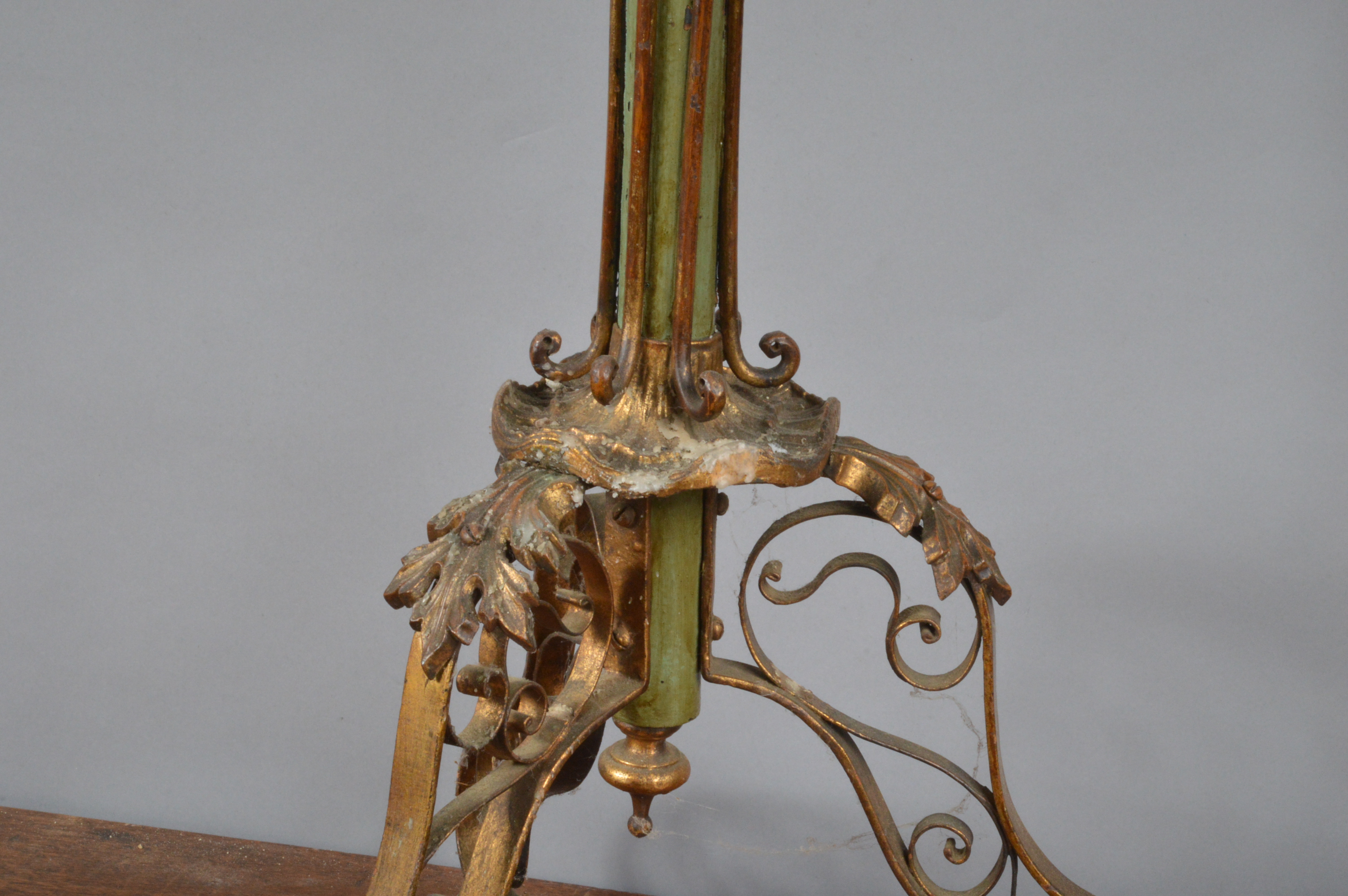 A 19th century Continental gilt metal and hand-painted candle stand, with plaster column mounted - Image 2 of 4