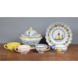 A group of French faience/quimper, to include a large open bowl, a covered tureen, and four cups.