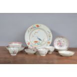 A group of 18th century Chinese hand-painted tea wares, and a similar plate. All decorated with