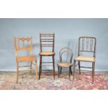 Four 19th century and later caned seats, differing styles and sizes, one a high seat with bamboo