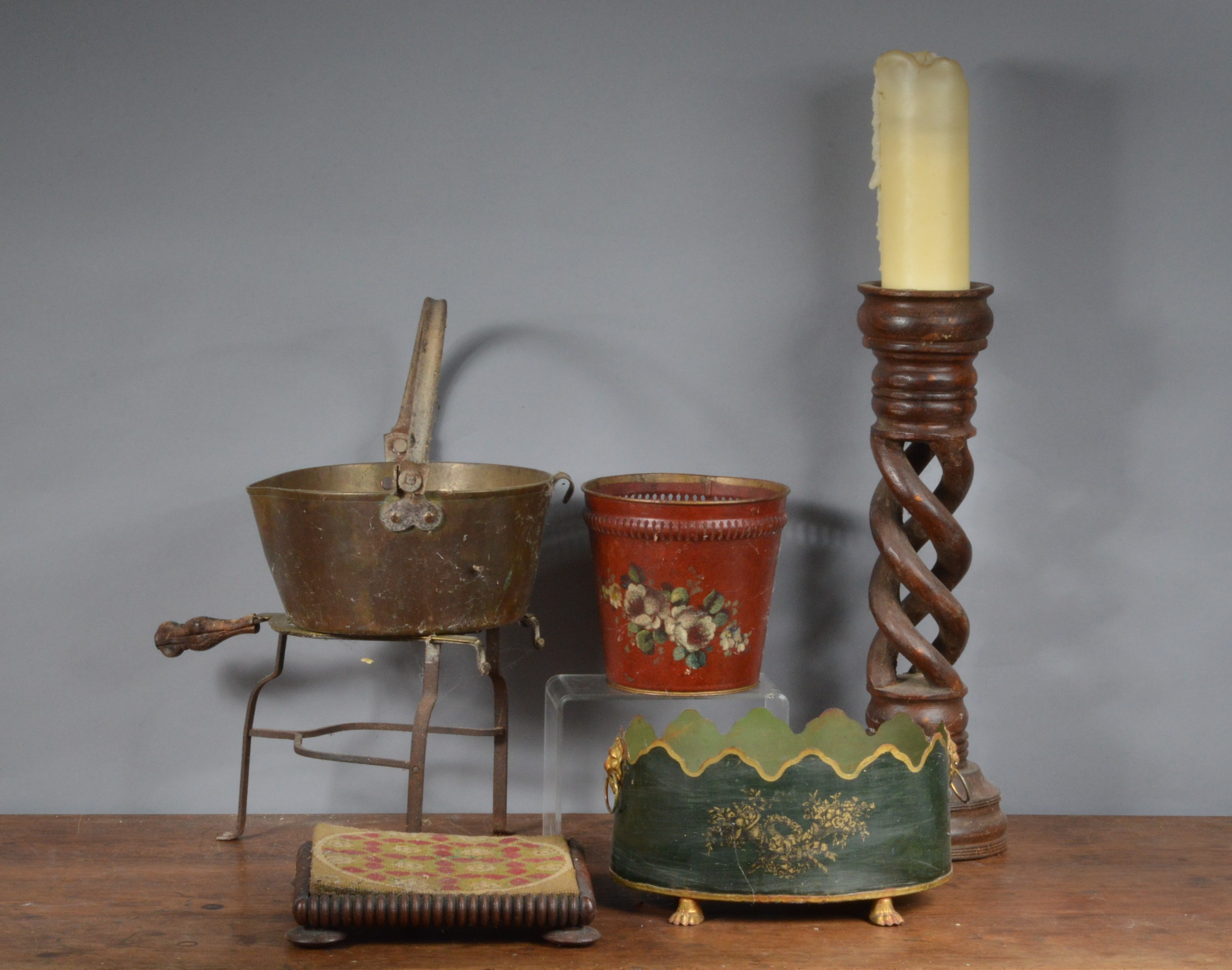 An assorted collection of 19th and 20th century works of art, comprising tole-ware items, a planter