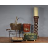 An assorted collection of 19th and 20th century works of art, comprising tole-ware items, a planter