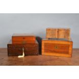 Four 19th century and later sewing boxes, two mahogany, one burr walnut and shaped, enclosed a