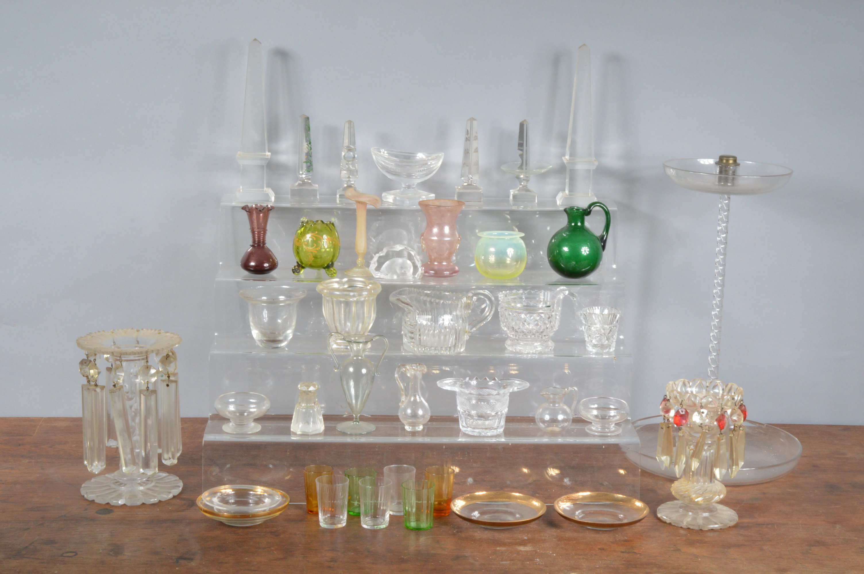 A large collection of assorted glassware, including two lustres, the largest 18cm high, cut glass