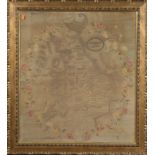 A late 18th/early 19th century silk embroidered map of England and Wales, some wear and fading, in a