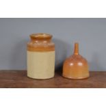 A 19th century salt glazed stoneware funnel, together with a similar, but later open-topped jar.