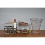 A collection of 19th century and later household metalware items, including a wire framed waste
