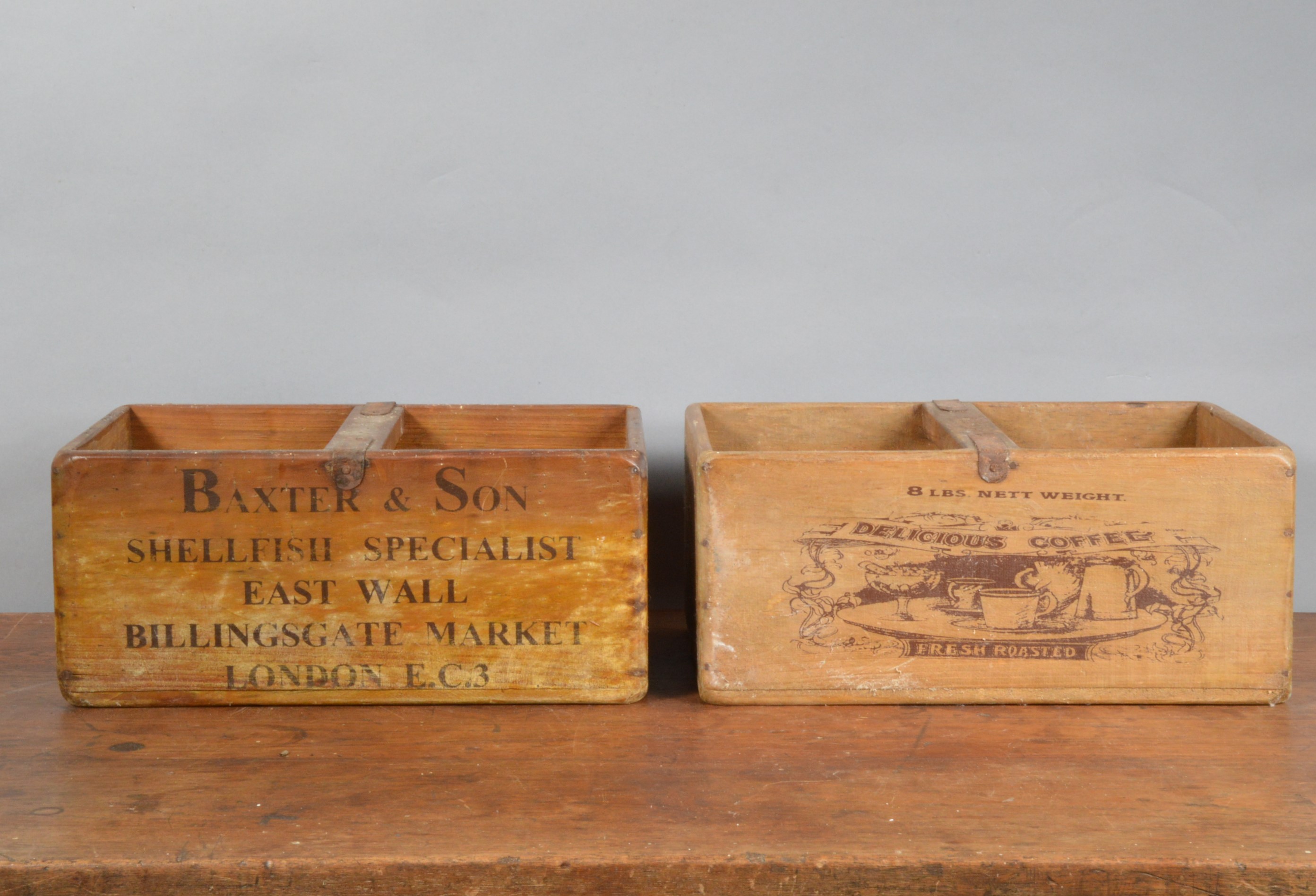 Two reproduction market sellers crates, one for Baxter & Son shellfish, the others Fresh Roasted