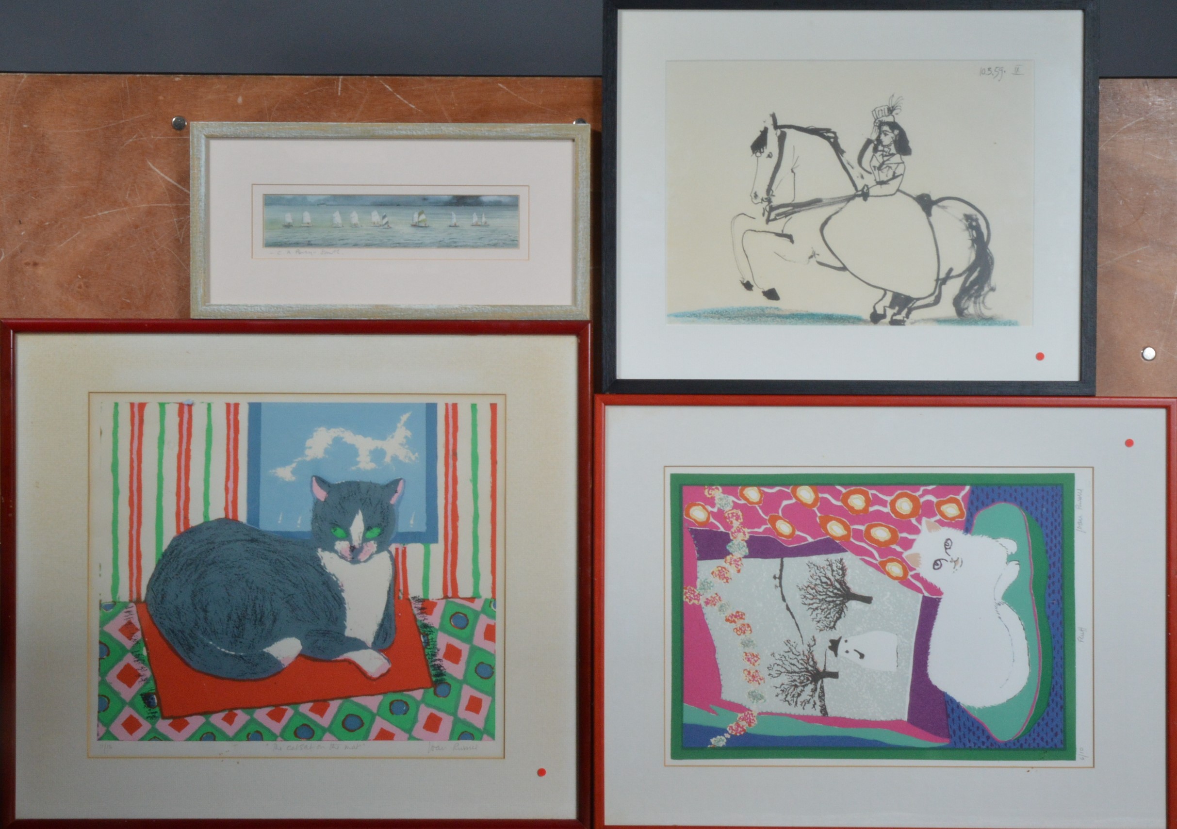 A collection of four prints, comprising two limited edition cat prints by Joan Russell, a coastal