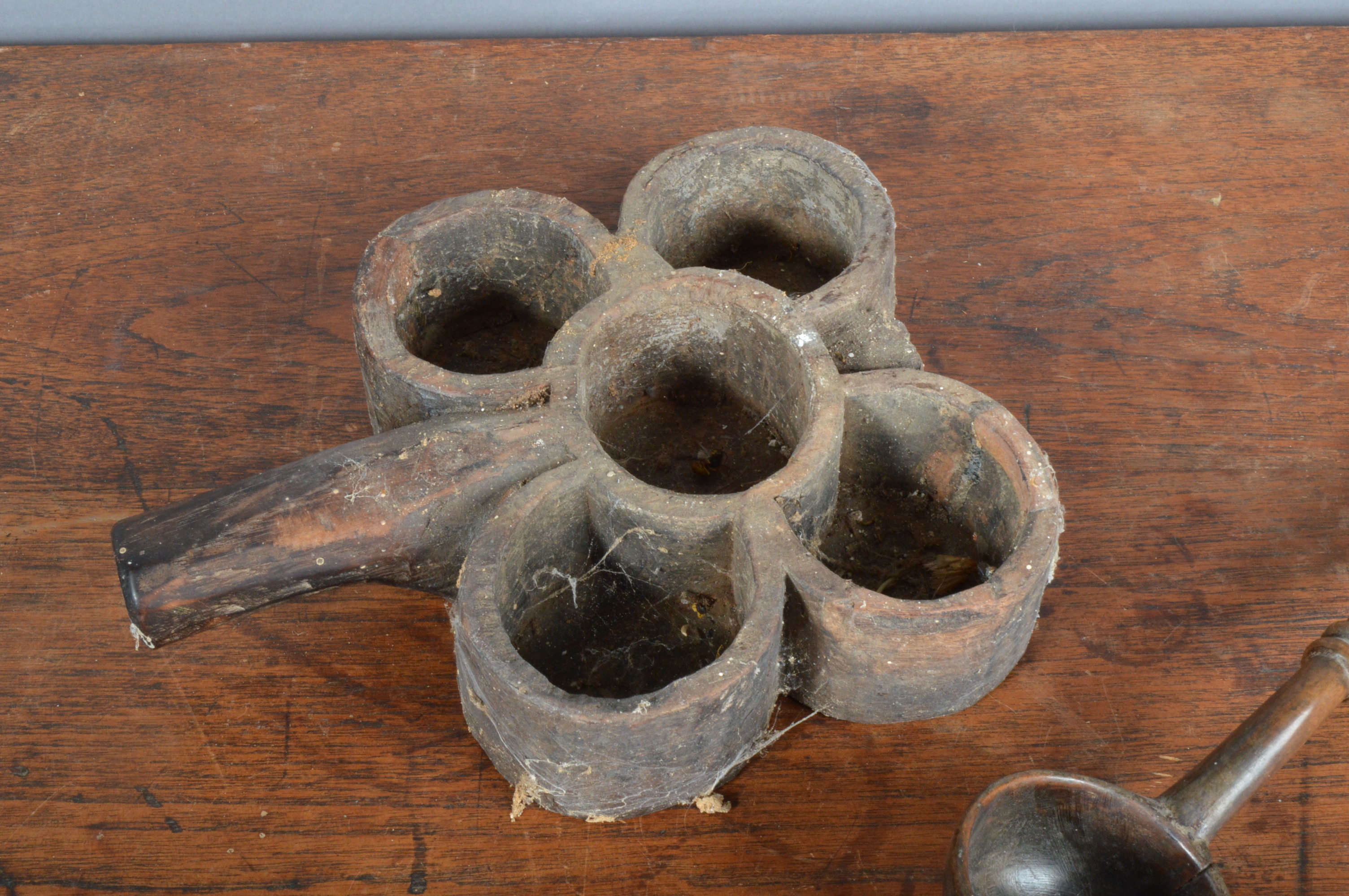 A 19th century far Indian primitive treen spice holder, with wear and traces of historic woodworm - Image 2 of 2