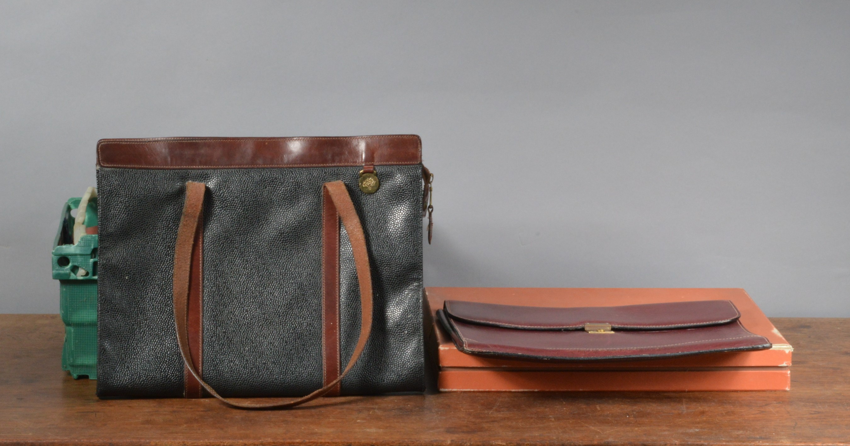 A collection of leather bags and jewellery boxes, including a Mulberry tote bag with tan leather