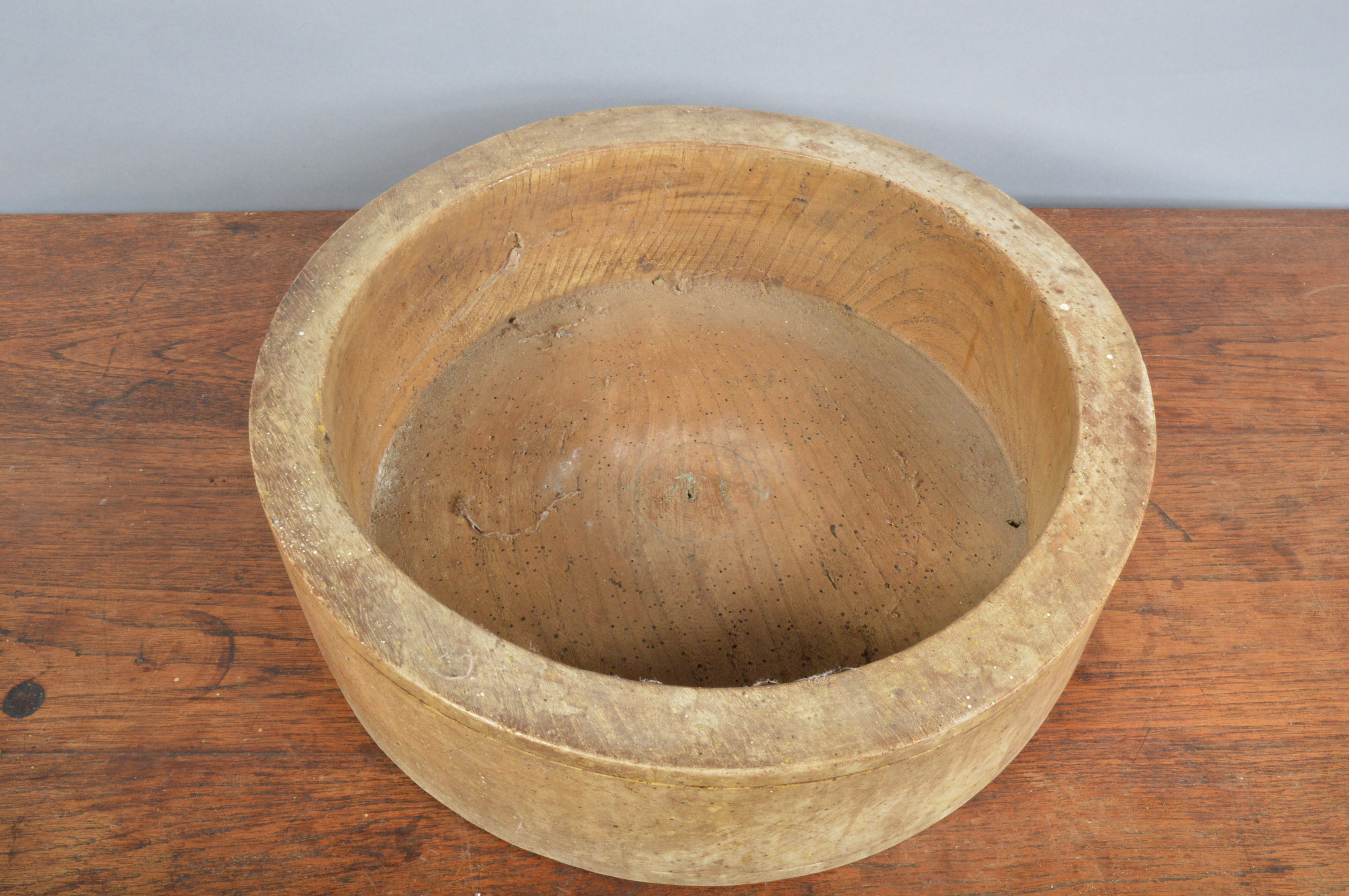 A large 19th century elm primitive treen straight sided bowl, with historic woodworm and other - Image 2 of 2