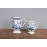 Two late 18th century pearlware blue and white jugs, both painted with chinoiserie landscapes, c.