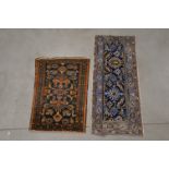 Two small rugs, one a small runner, 121cm x 48cm, the other a geometric design 86cm x 57cm (2)