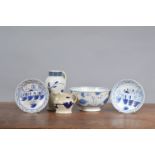 A group of late 18th, early 19th century pearlware blue and white pieces, to include two landscape