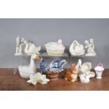 A group of mainly late 19th century continental wares, to include four white porcelain swans, two