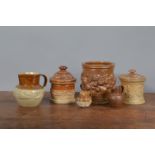 A group of 19th century brown stoneware, to include a sprig moulded tobacco jar and cover, a further