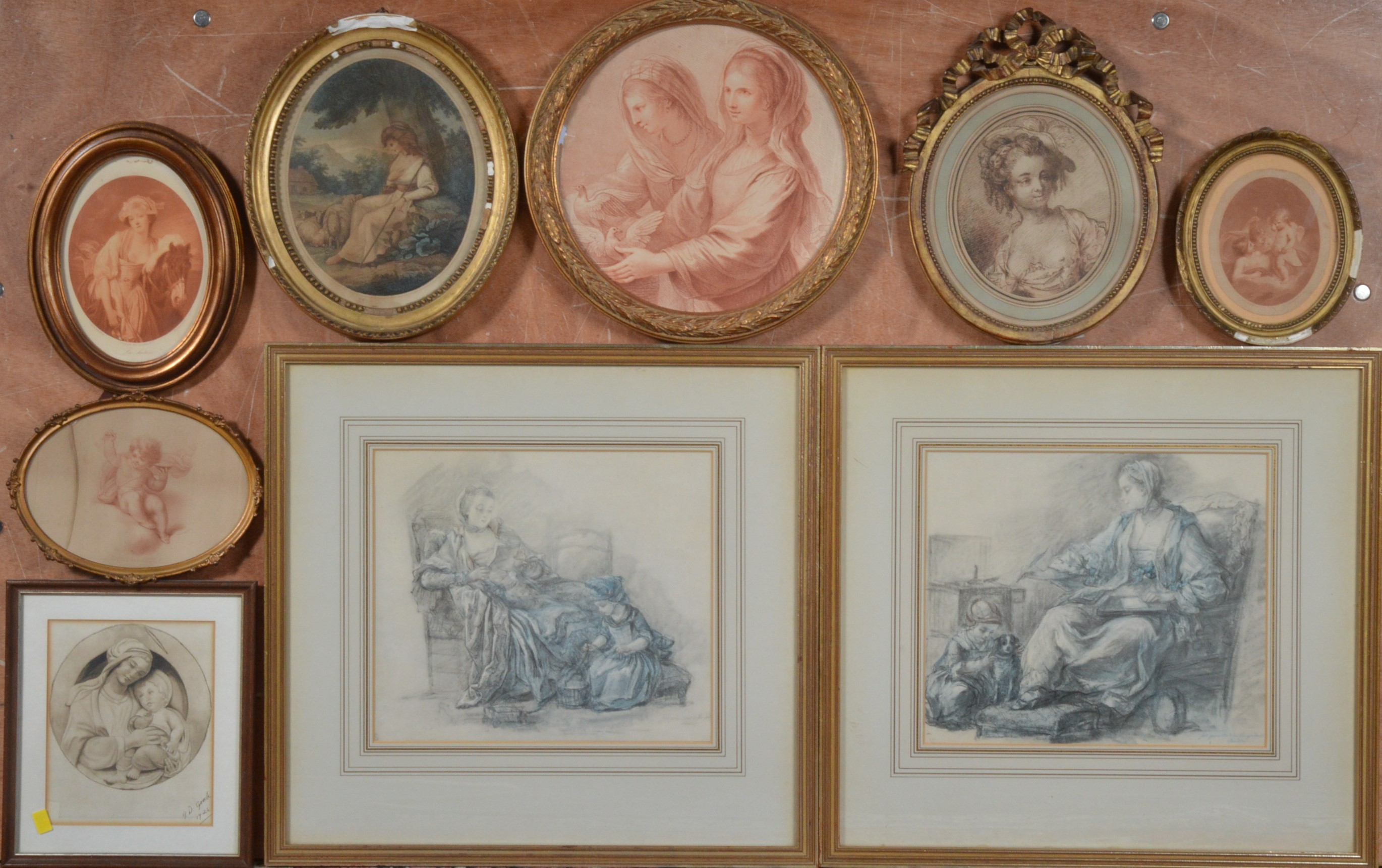 A collection of framed prints, the majority women and children, a large pair in rectangular