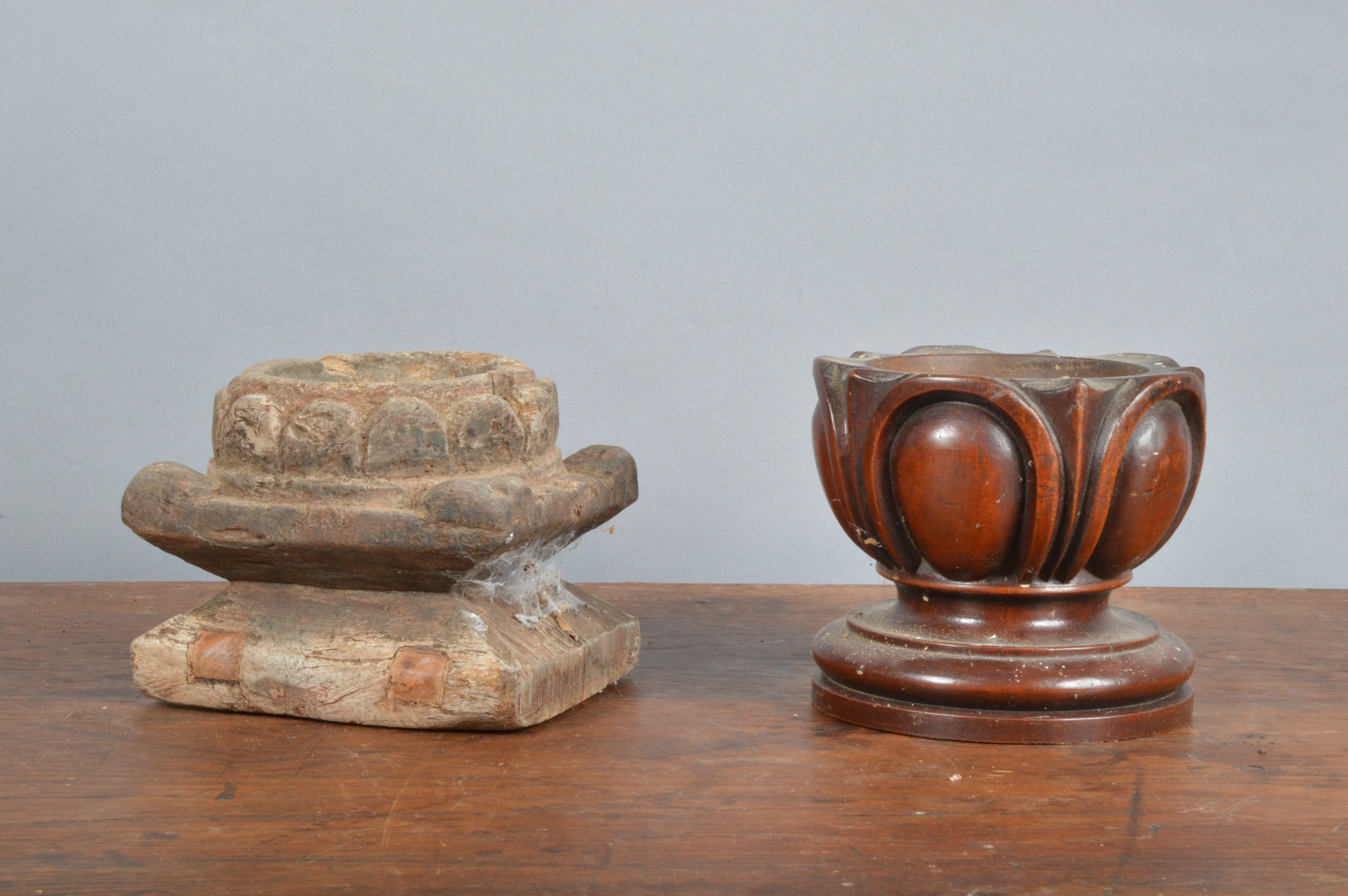 An 18th or 19th century oak carved vessel, possibly an Indian box to store vibhuti the sacred ash,