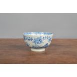 A late 18th century blue and white porcelain Lowestoft tea bowl, decorated with the Peony Fence Rock