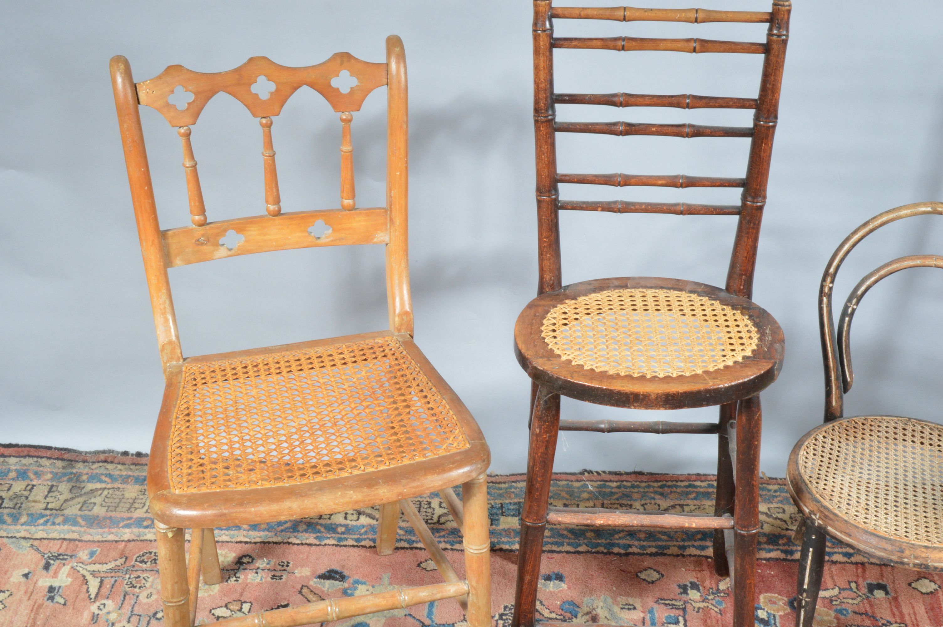 Four 19th century and later caned seats, differing styles and sizes, one a high seat with bamboo - Image 2 of 3