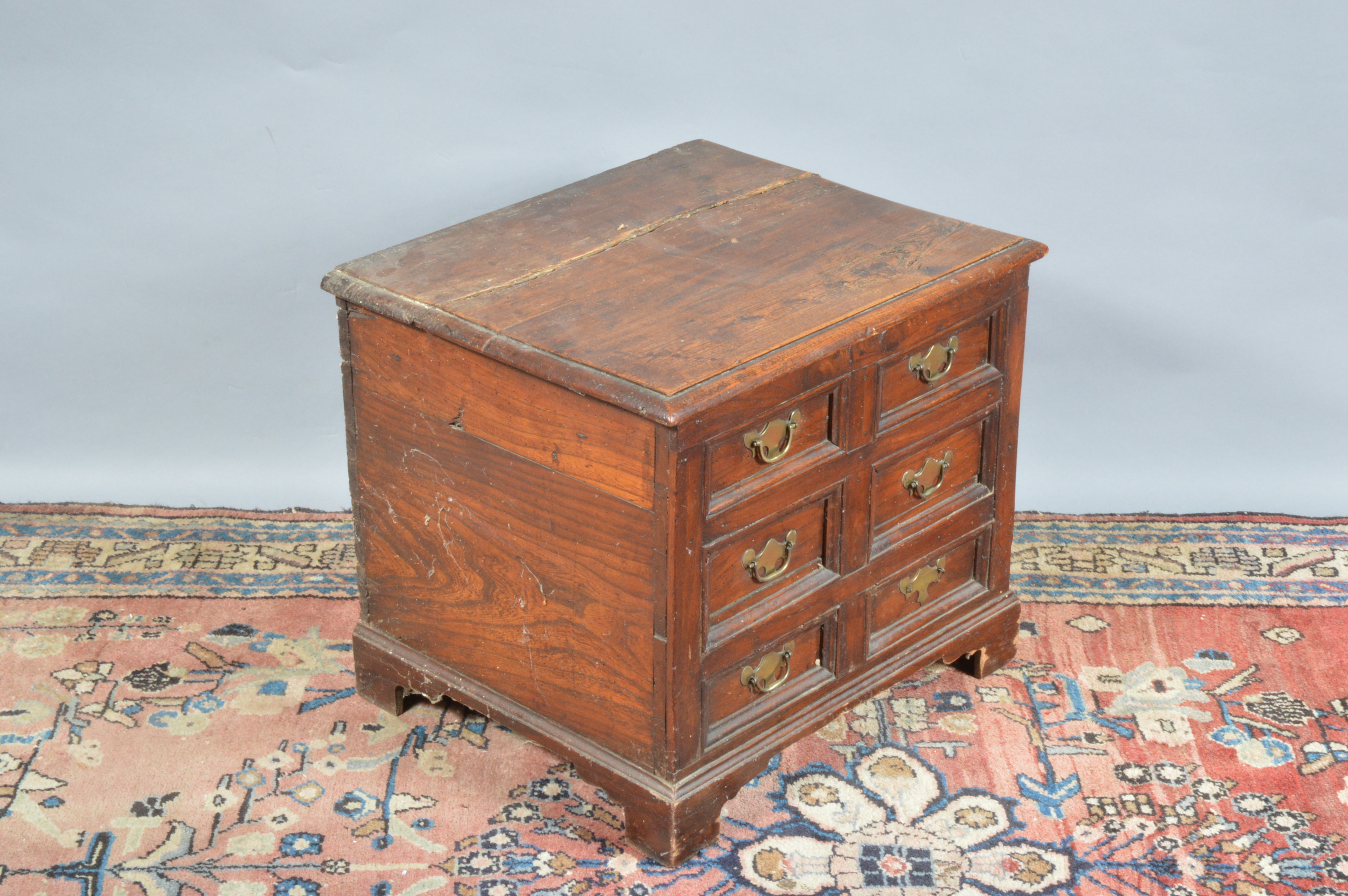 A 19th century elm storage box, lift open lid (cracked), faux draw front with brass handles, with - Image 2 of 2