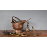 A collection of metal fireside items, comprising a large brass coal scuttle with handle 31cm high,