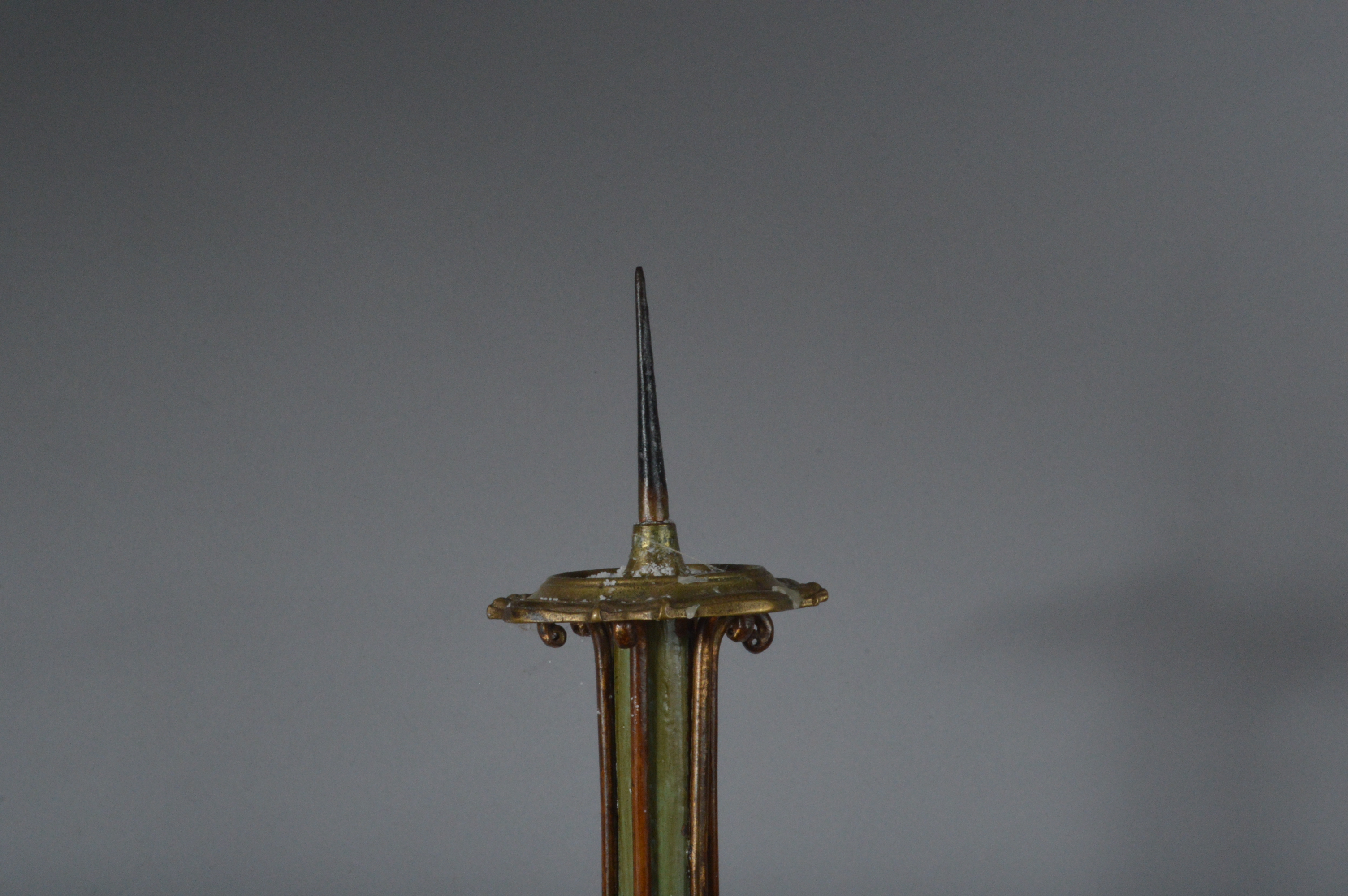 A 19th century Continental gilt metal and hand-painted candle stand, with plaster column mounted - Image 4 of 4