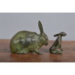 A small 20th century patinated bronze of a Hare, marked in gilt 'Rachel Wood' 5/11 to the underside,