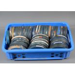 A Tray of Pathéscope 9.5mm Cine Film Reels, 6½ inch reels, in blue round Pathéscope cartons, various