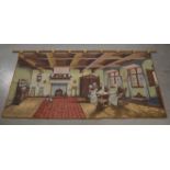 A Dutch 20th century tapestry wall hanging, depicting women at home sewing, with hanging pole, the