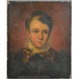 19th century British school, a portrait of a boy, oil on panel, wear, cracking and discoloration