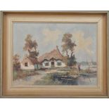 British 20th century school, the boathouse', oil on canvas, unsigned, framed 52cm x 65cm