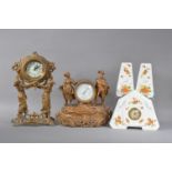 A 20th century continental ceramic clock garniture, white glaze with floral decoration, circular