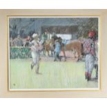 *Tom Coates (British b. 1941), Jockeys in the Paddock, charcoal and pastel, monogrammed bottom left,