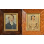 Two 19th century small framed watercolours, of a man and women, the portrait of a man in a